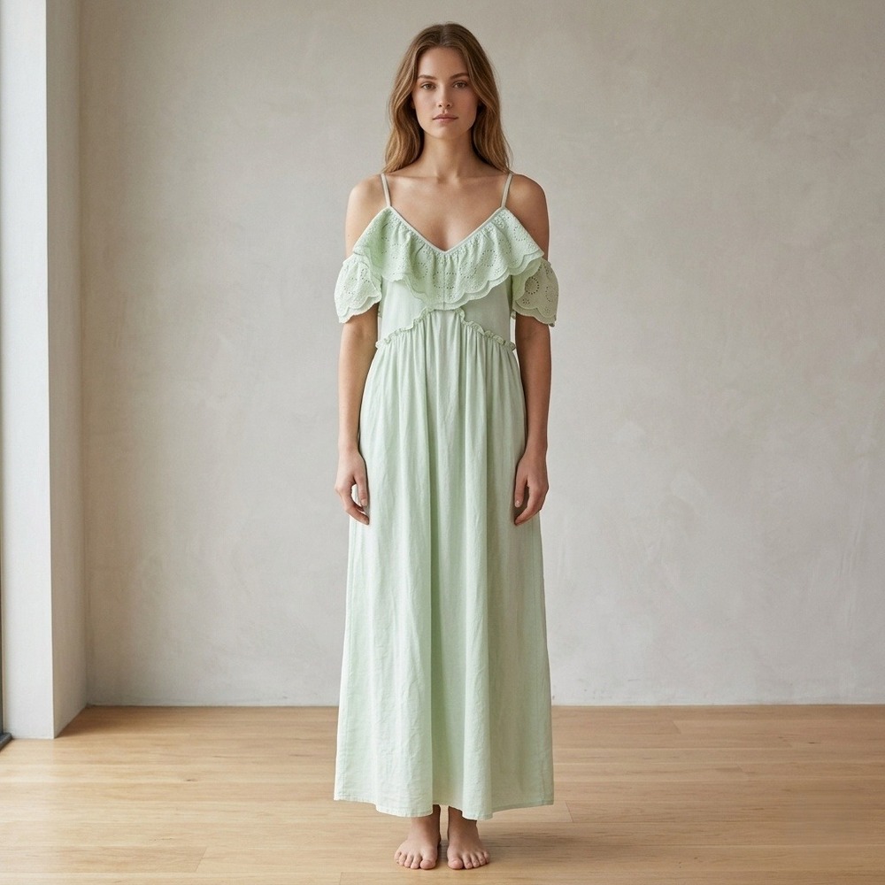 ZARA Eyelet Maxi Dress Womens Size Large Knit Boho‎ Fairycore Spring Green NWT